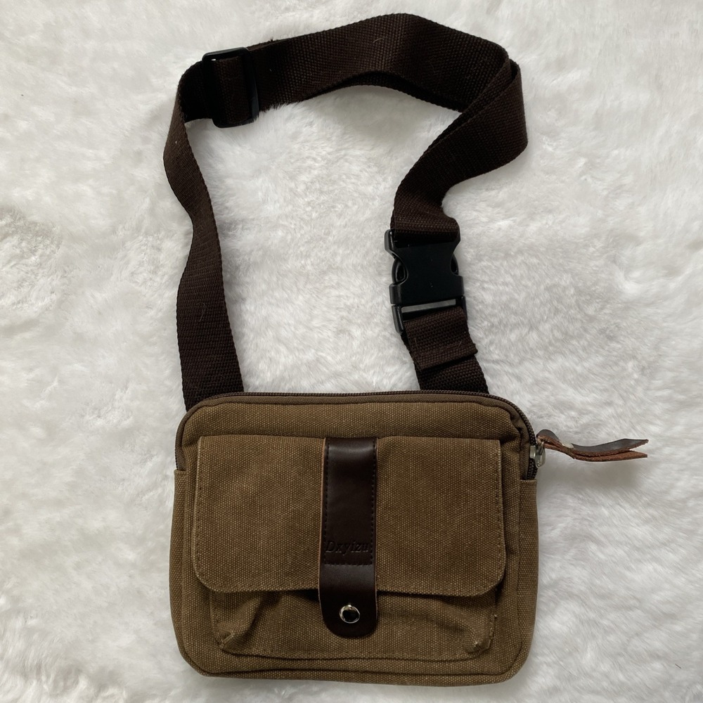 DXYZU PIJU Brown Canvas Leather Crossbody Waist Bag Small Travel Handbag
